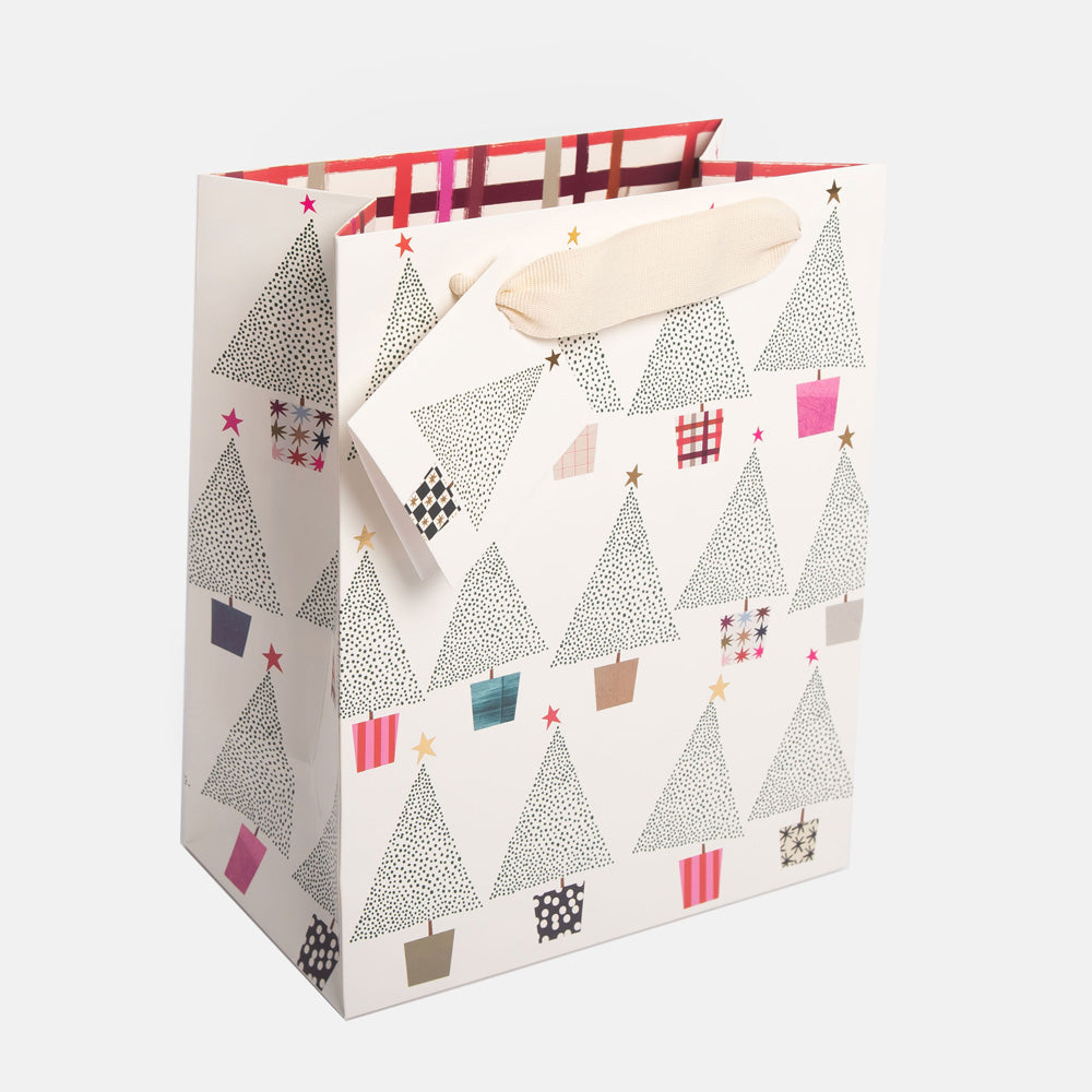 dotty Christmas trees in colourful pots gift bag with matching gift tag and fabric handles
