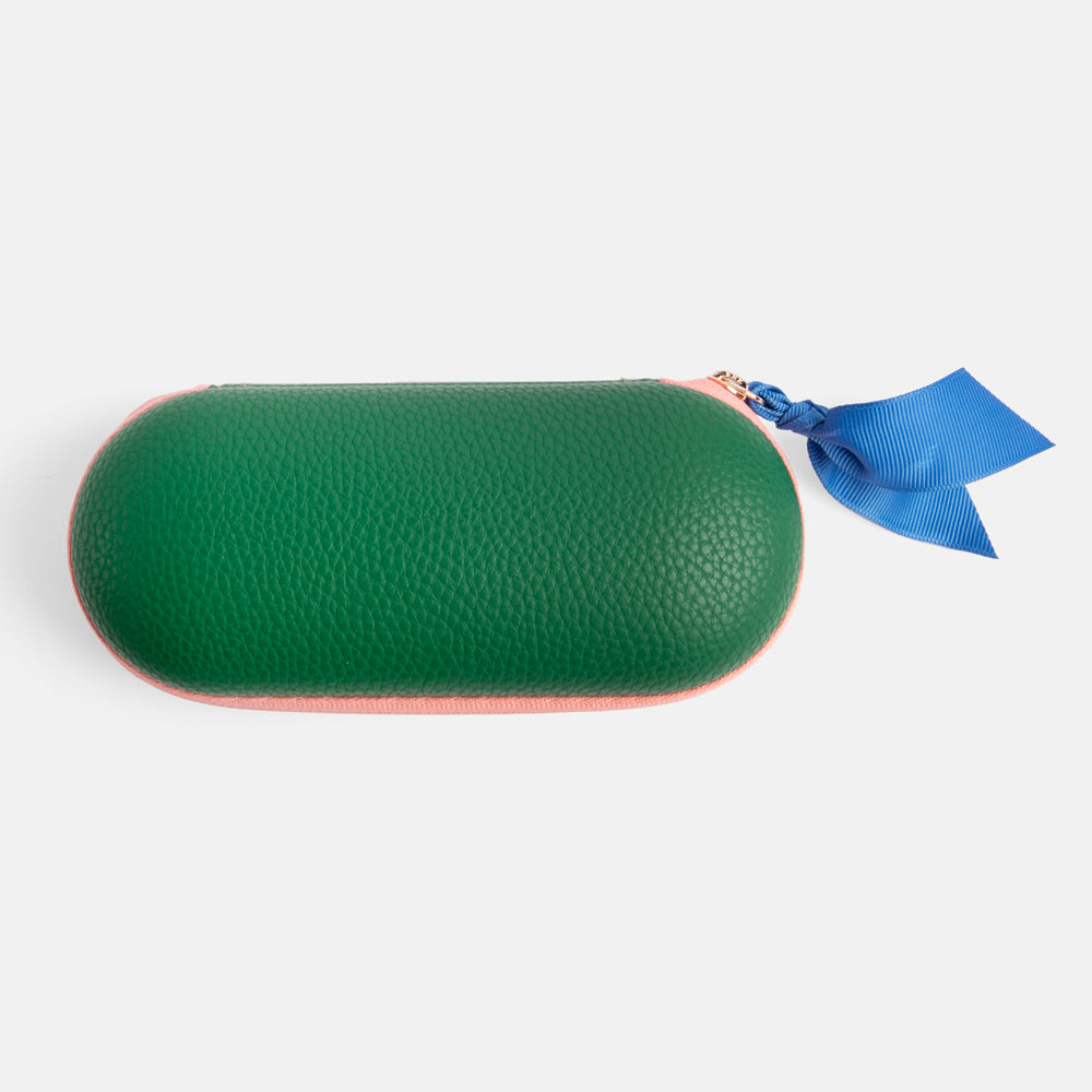 bright green zip around hard glasses case with suedette lining