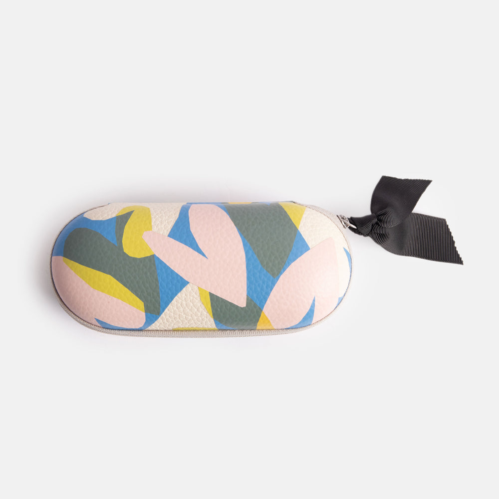 leather look hard glasses case in colourful confetti  hearts print with suedette lining