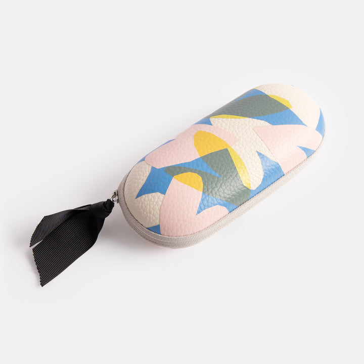 leather look hard glasses case in colourful confetti  hearts print with suedette lining