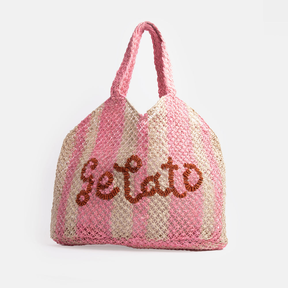 pink candy stripe 'gelato' jute tote bag