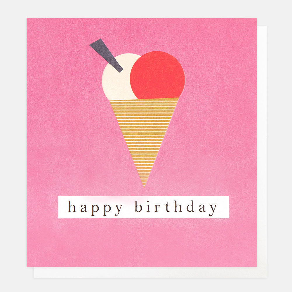 birthday card featuring a striped ice cream cone with two scoops of colourful ice cream on a ink background and the words happy birthday