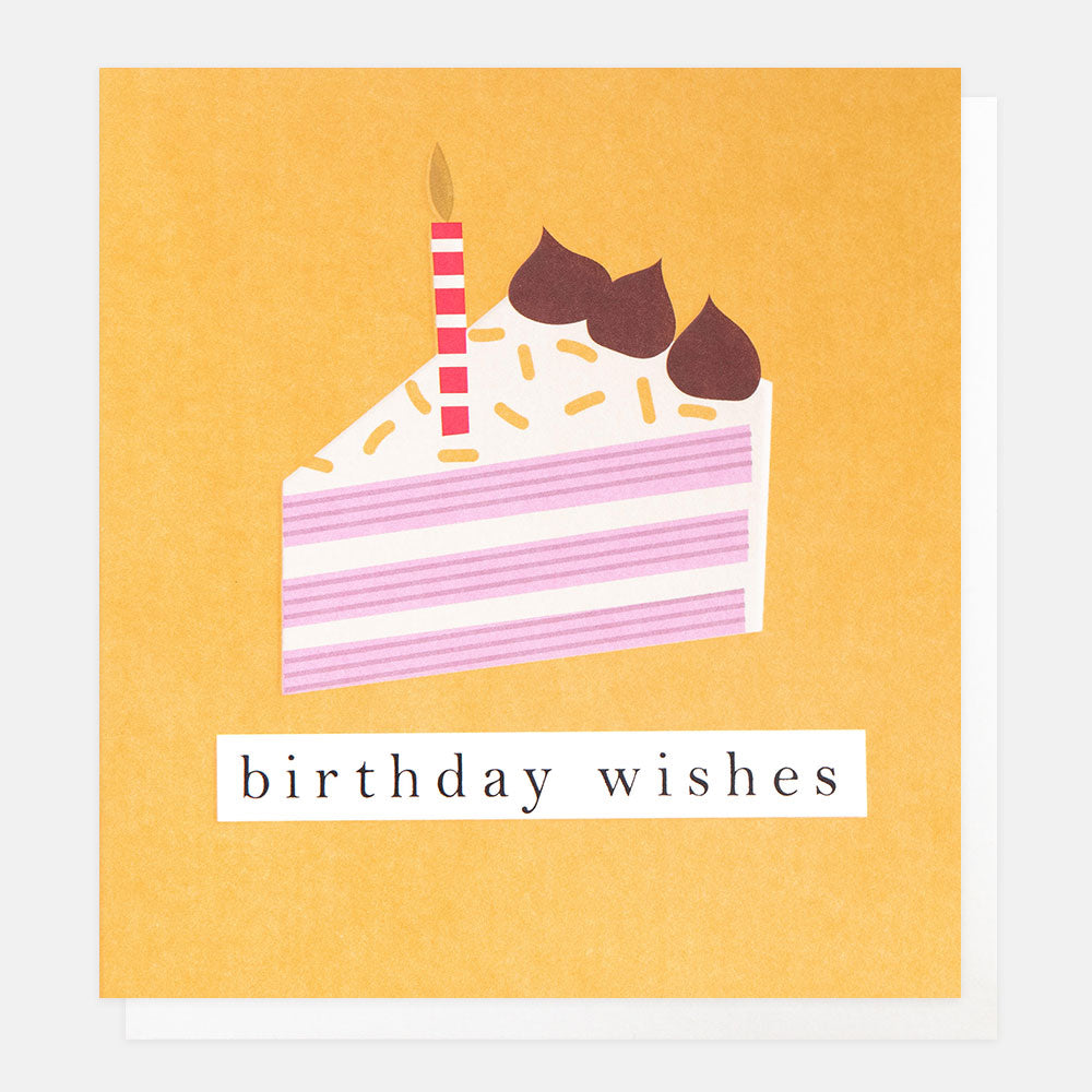 birthday card featuring a pink slice of cake on a mustard yellow background with the text birthday wishes