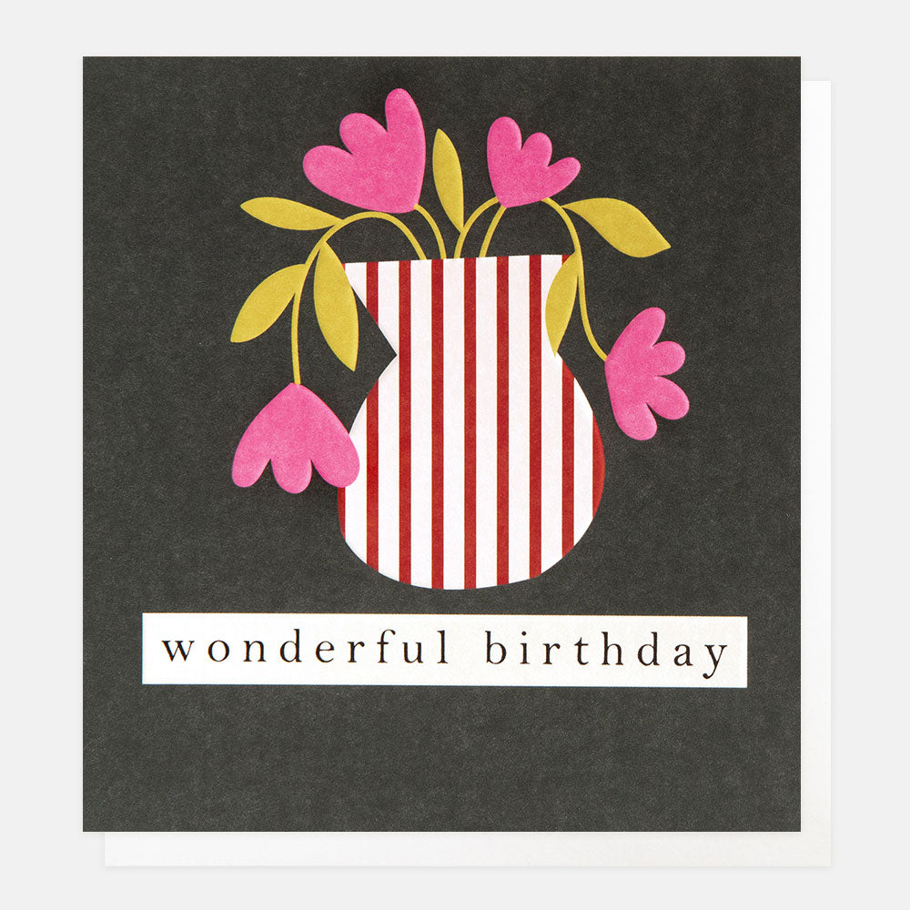 birthday card featuring a red striped vase with pink flowers in on a charcoal grey background and the text wonderful birthday