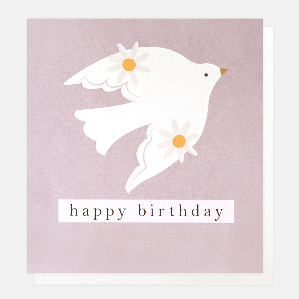 birthday card featuring a white bird with white flowers on a lilac background and the text happy birthday