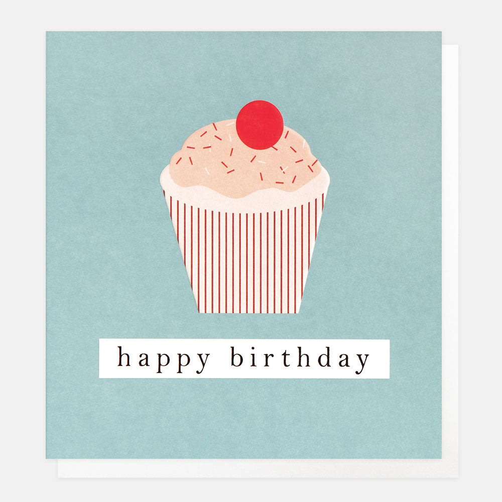 birthday card featuring a cupcake with red stripes and a cherry on top on a blue background and the text happy birthday
