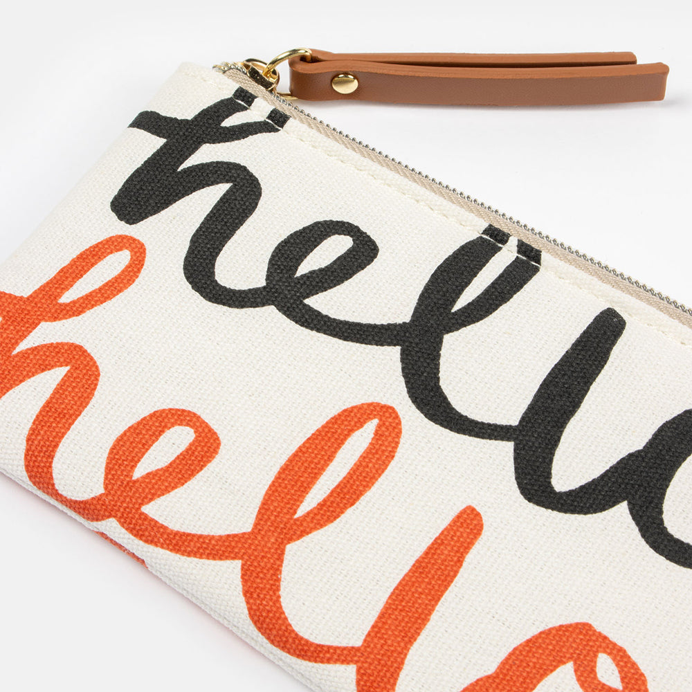hello slogan cotton canvas padded zip pouch in off white