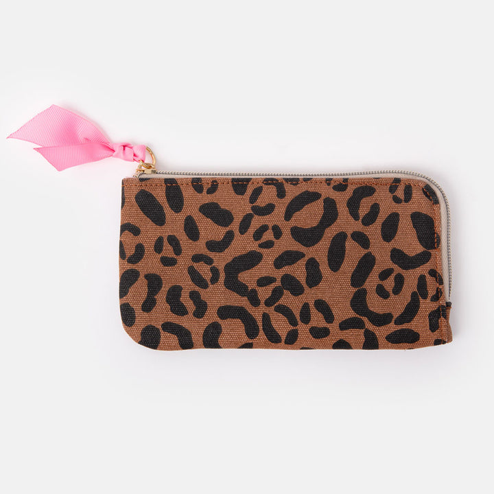 brown leopard print padded cotton canvas zip pouch for glasses or phone