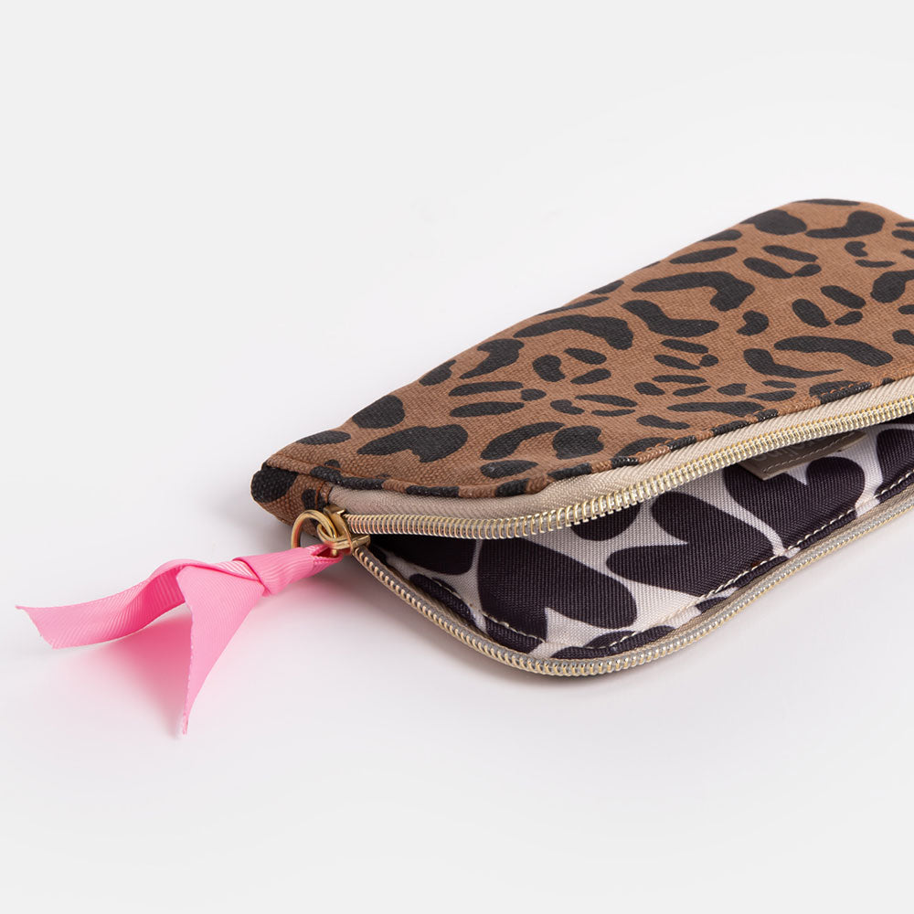 brown leopard print padded cotton canvas zip pouch for glasses or phone