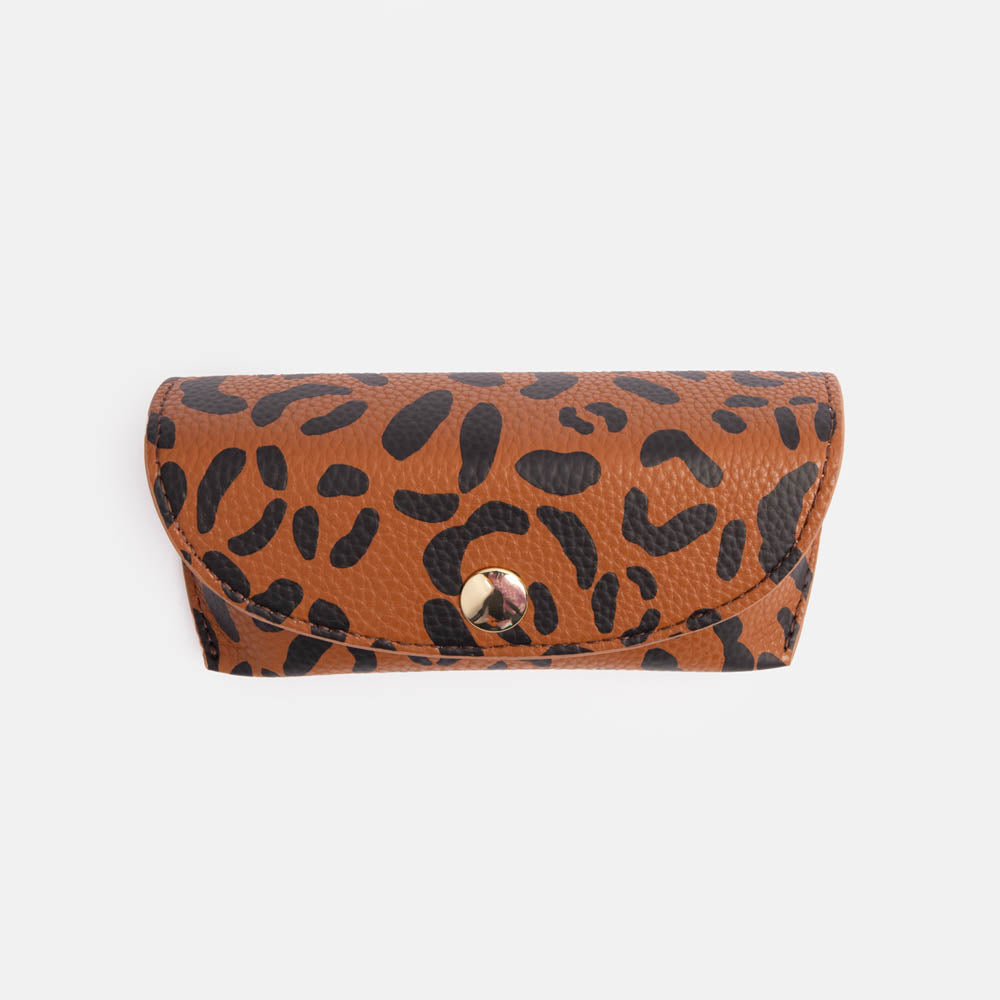 brown leopard print leather look flap glasses case