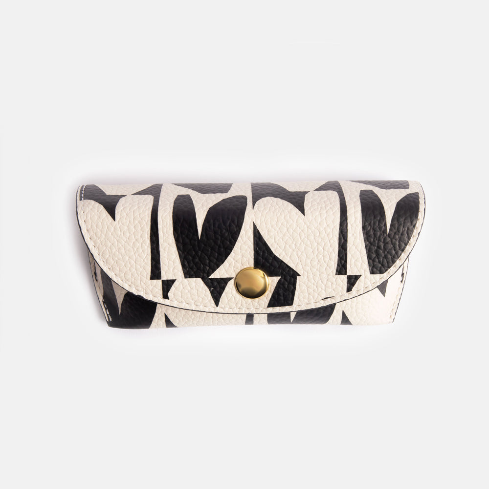 leather look PU flap close glasses case in monochrome checkmate hearts print