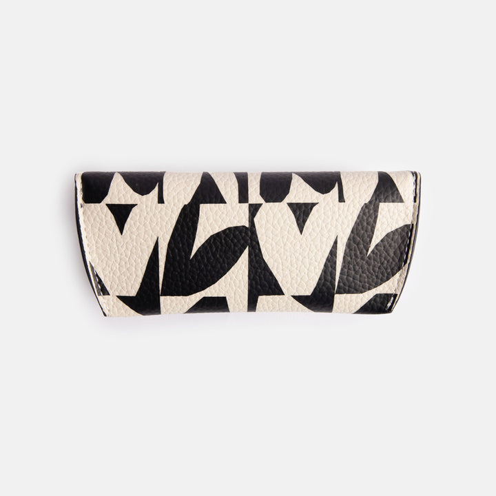 leather look PU flap close glasses case in monochrome checkmate hearts print