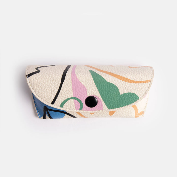 leather look PU flap close glasses case in colourful abstract botanicals print