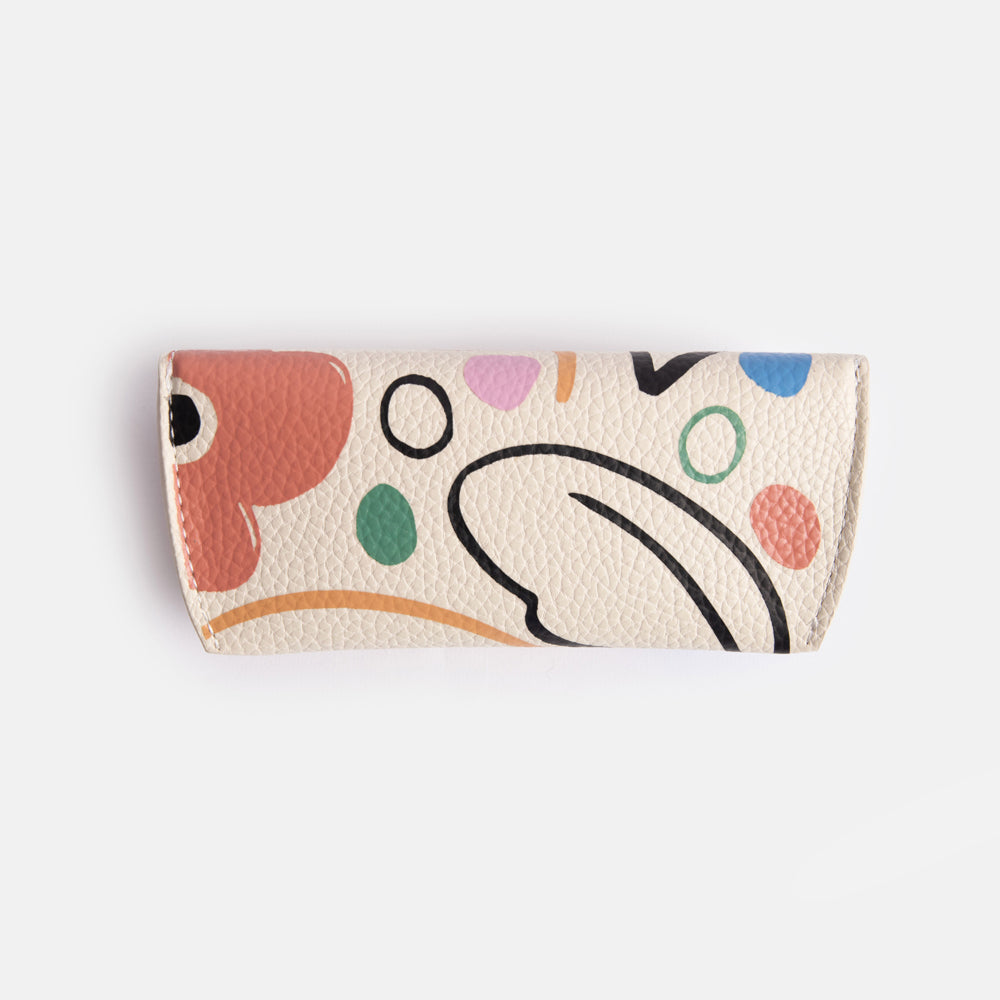 leather look PU flap close glasses case in colourful abstract botanicals print