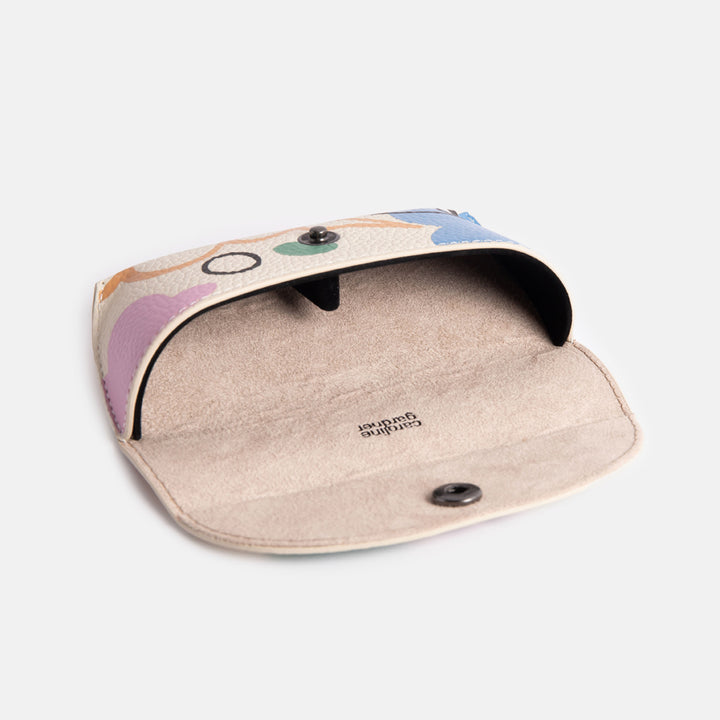 leather look PU flap close glasses case in colourful abstract botanicals print with suedette lining