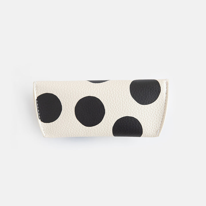 leather look PU flap close glasses case in monochrome spot print with suedette lining and hidden silver popper close