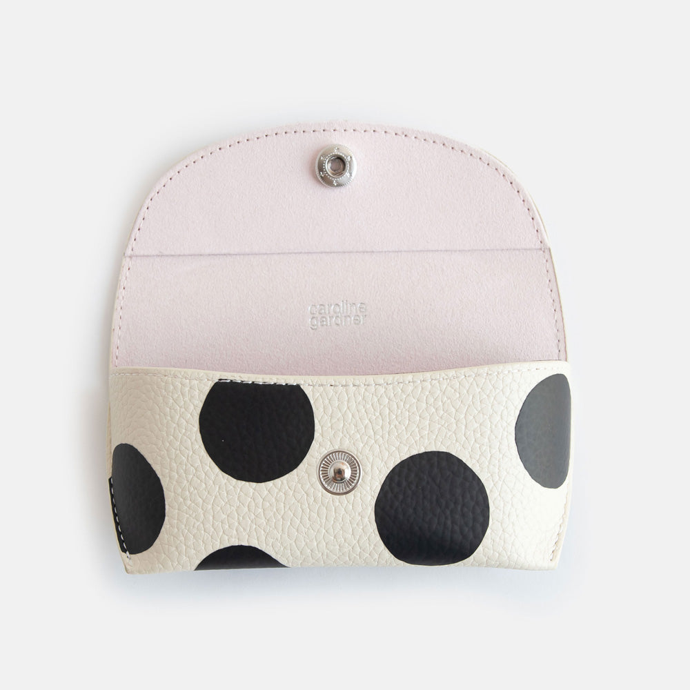 leather look PU flap close glasses case in monochrome spot print with suedette lining and hidden silver popper close