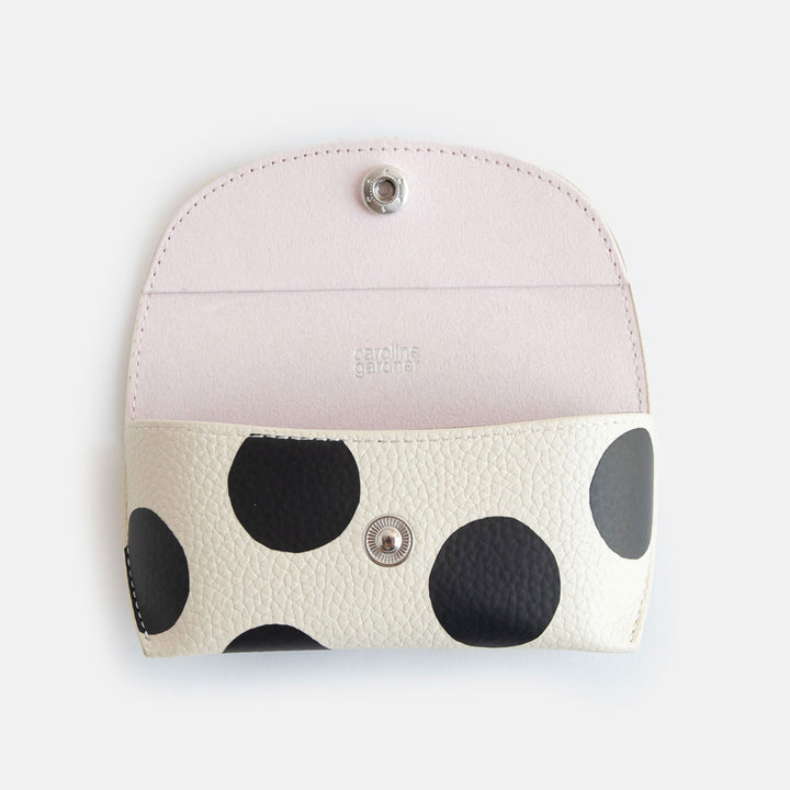 leather look PU flap close glasses case in monochrome spot print with suedette lining and hidden silver popper close