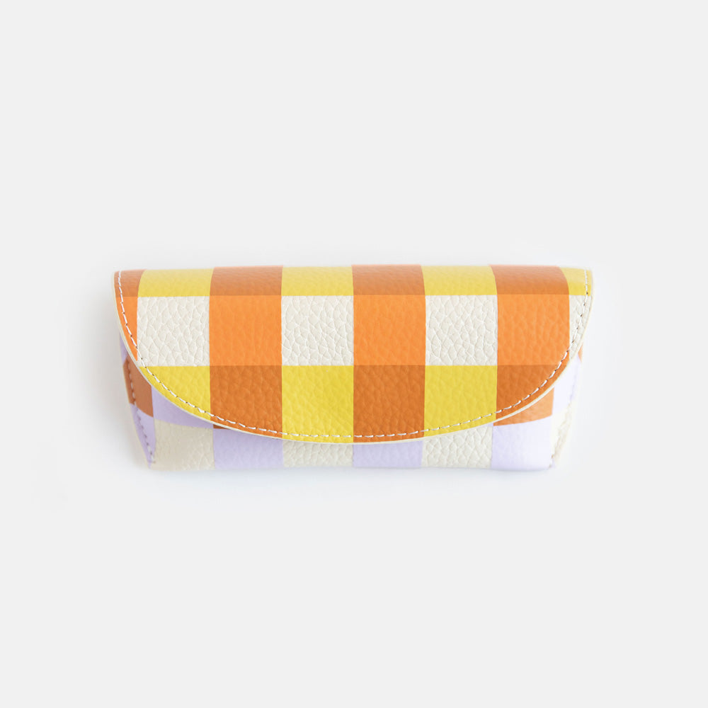leather look PU flap close glasses case in warm tones check print