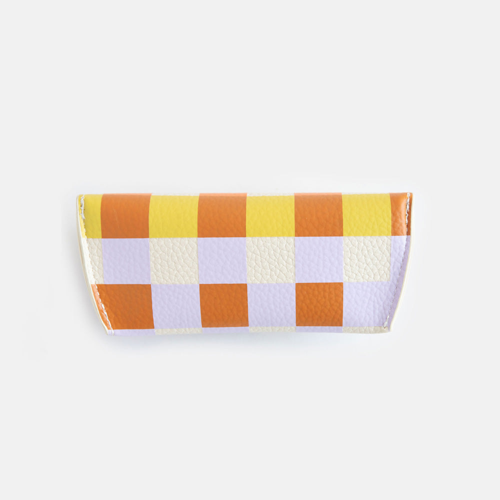 leather look PU flap close glasses case in warm tones check print
