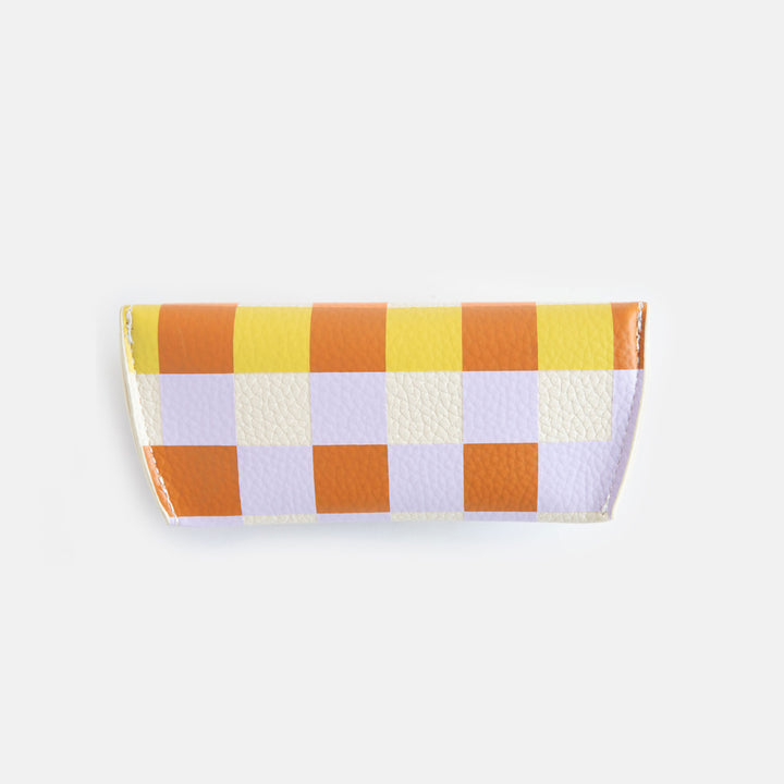leather look PU flap close glasses case in warm tones check print