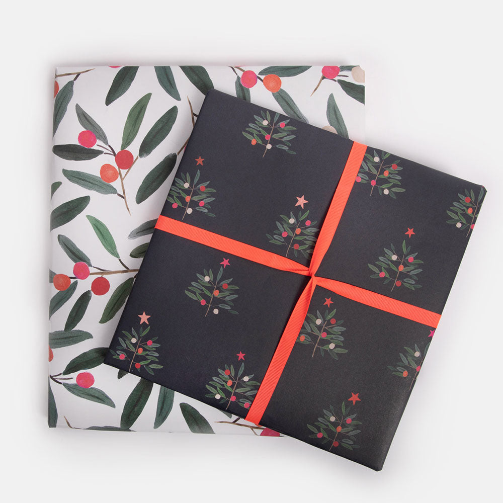 christmas tree & festive foliage double side christmas wrapping paper