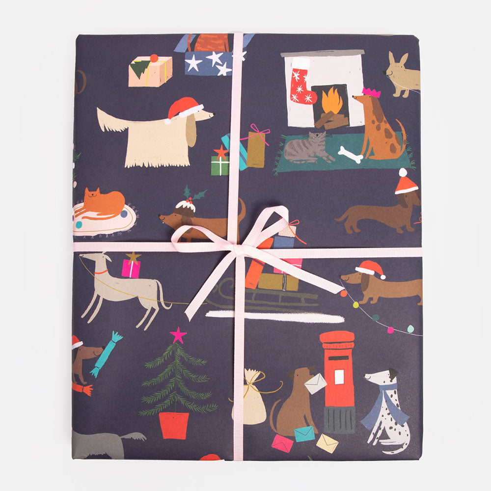 festive cats & dogs christmas wrapping paper sheet