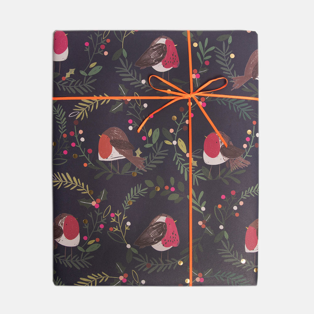 robins & wreaths on navy christmas wrapping paper