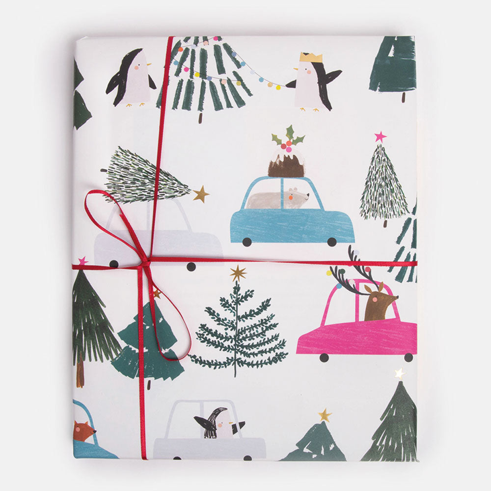 festive animals in cars christmas wrapping paper