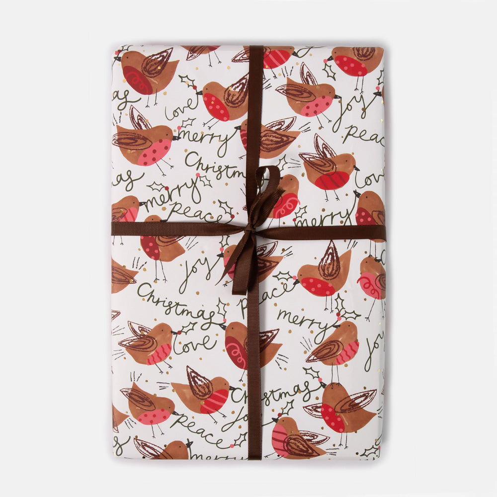A wrapped rectangular gift box or package covered in Christmas-themed wrapping paper with a white background, robins, red berries, and repeated words like Christmas, peace, and love. It is tied with a dark brown ribbon in a cross pattern and bow at the center, shown on a light gray background.