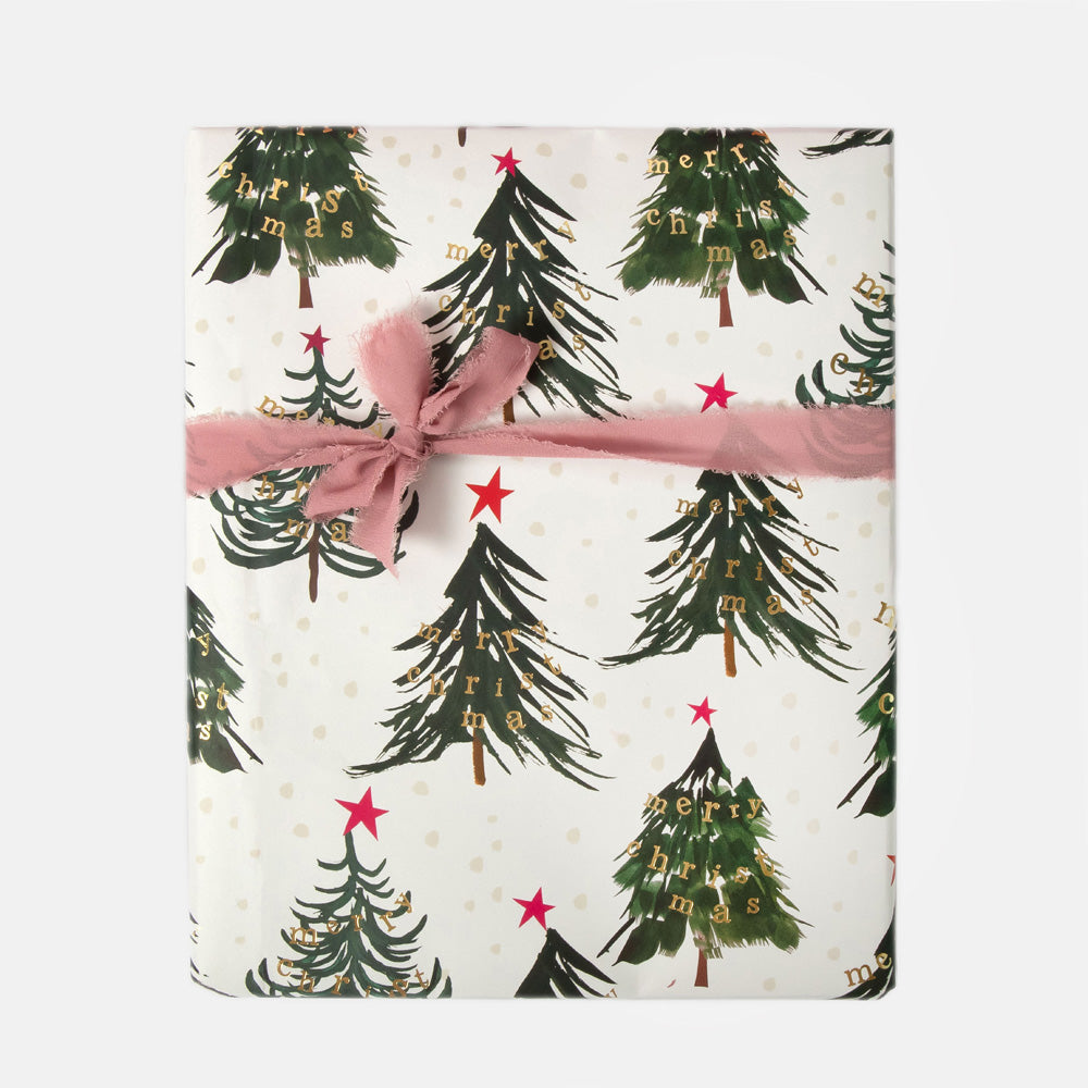 Gift wrap with Christmas tree pattern and pink ribbon on a white background