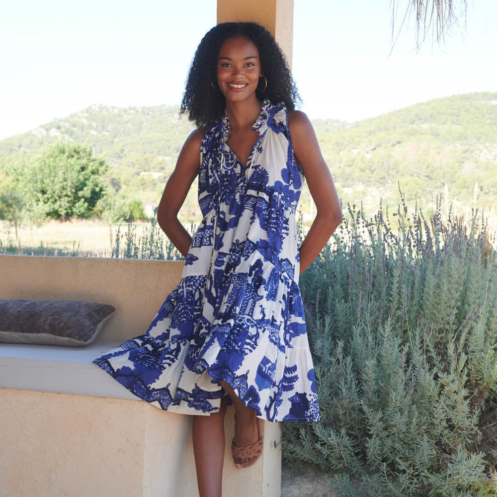 blue willows on ivory base frill dress made by One Hundred Stars