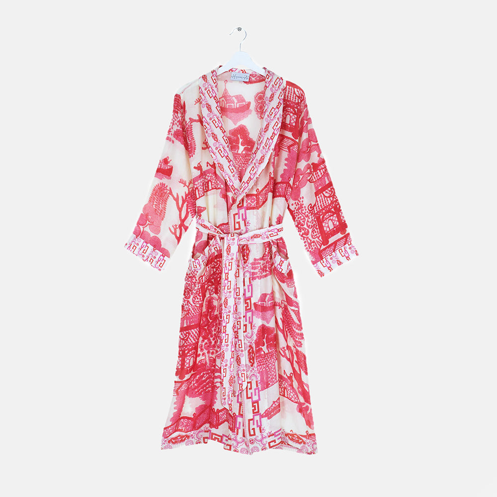 women's fuchsia pink japanese willows & pagodas print lightweight dressing gown, made by One Hundred Stars