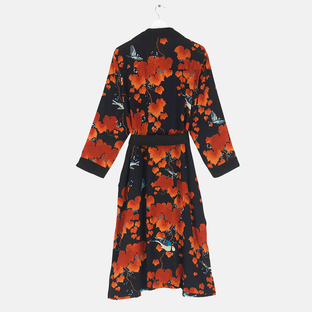 red acer on black base luxury crepe dressing gown