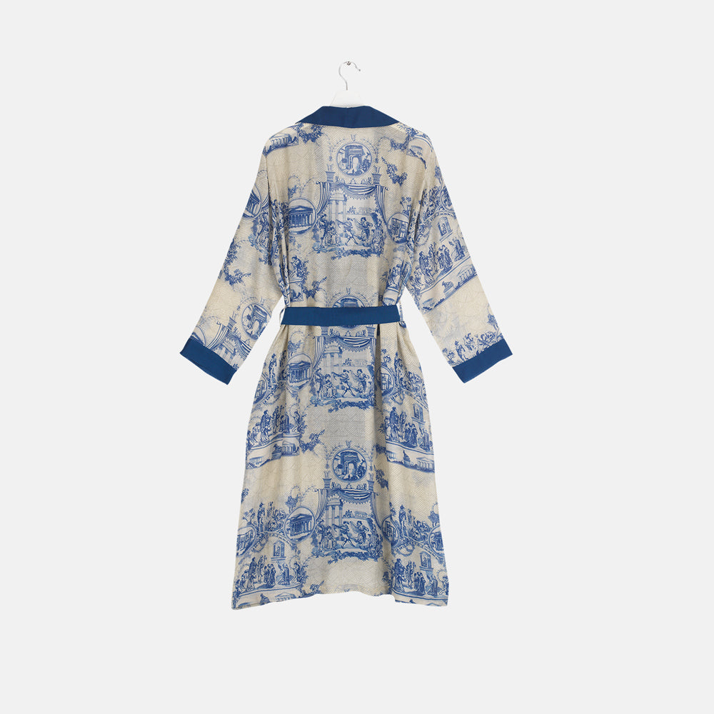 blue ancient columns hand printed lightweight dressing gown by 100 stars