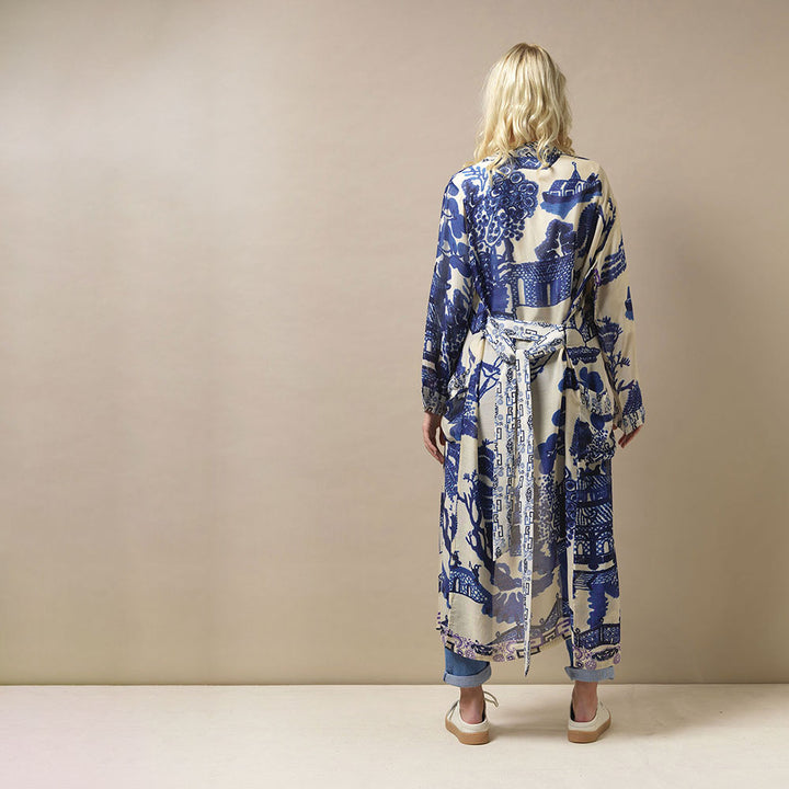 Japanese willow blue dressing gown back view worn with white mules