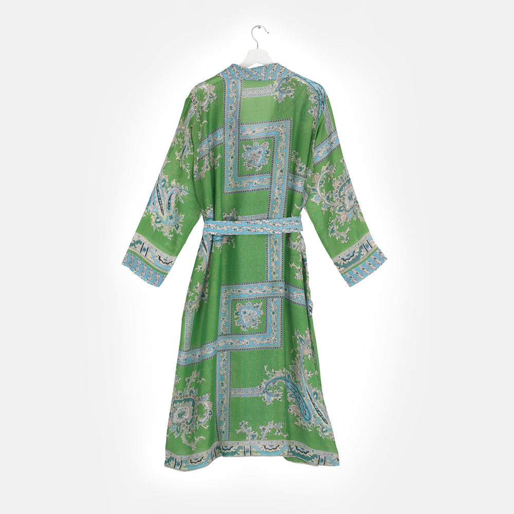 large paisley and block print lightweight dressing gown in green, by 100 stars