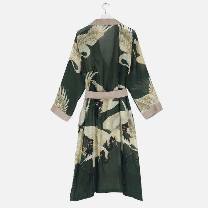 forest green stork print lightweight dressing gown