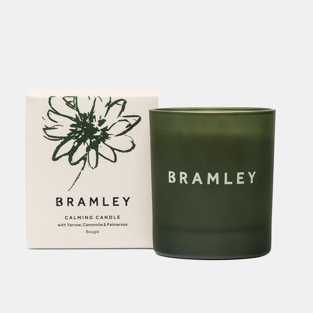 55 hour burn time calming candle with yarrow, camomile and palmarosa essential oils, made by Bramley