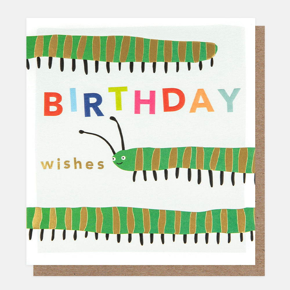 birthday wishes green stripy centipede birthday card