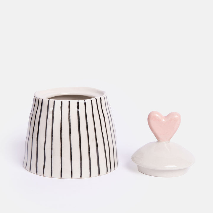 monochrome stripe hand painted glazed ceramic stoneware sugar pot or trinket storage pot