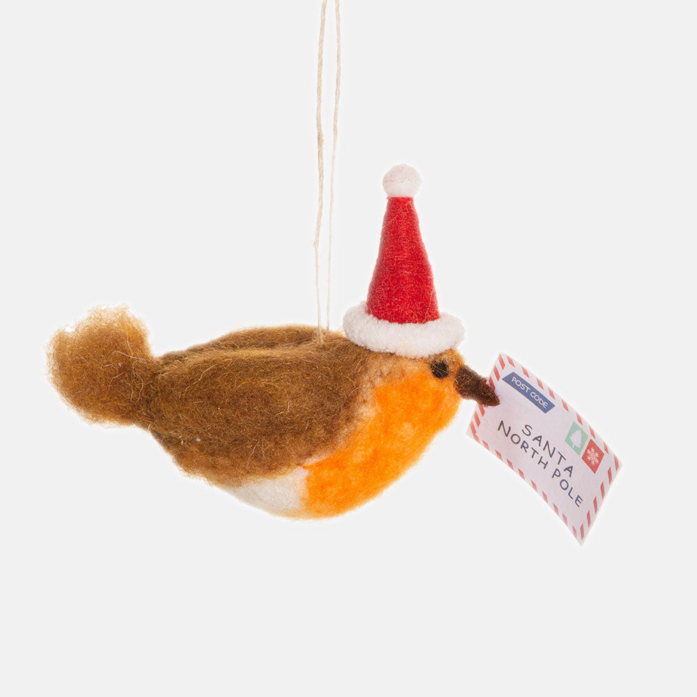 felt robin in christmas hat with letter to santa hanging christmas tree deocration bauble