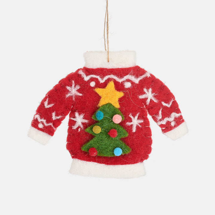 red christmas jumper with christmas tree decoration