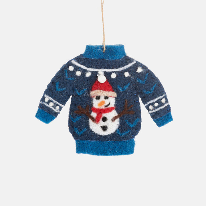 blue christmas jumper with snowman design tree decoration
