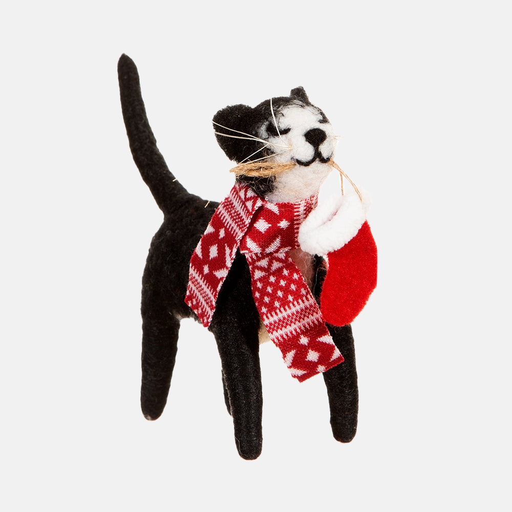 cat wearing a scarf and holding a stocking felt hanging christmas tree decoration