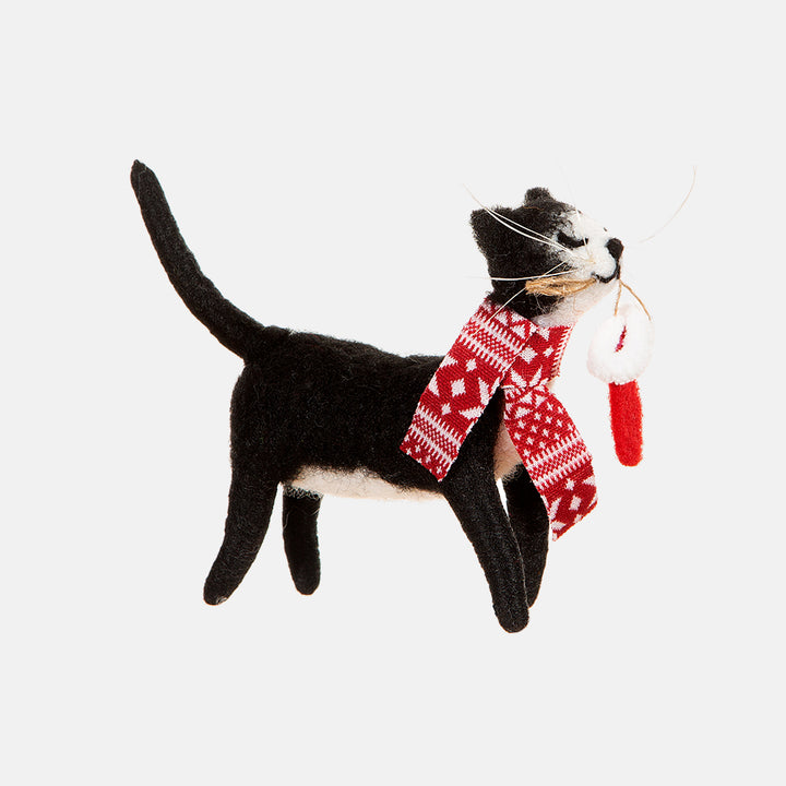 cat wearing a scarf and holding a stocking felt hanging christmas tree decoration