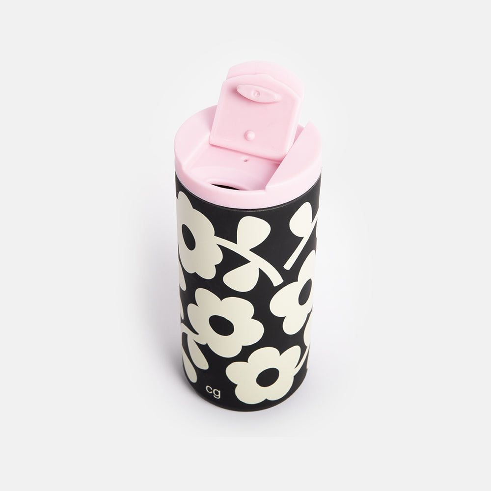 monochrome flower print insulated stainless steel travel mug with vacuum sealed clip top lid