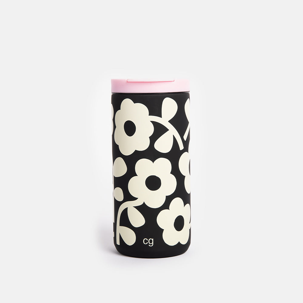 monochrome flower print insulated stainless steel travel mug with vacuum sealed clip top lid