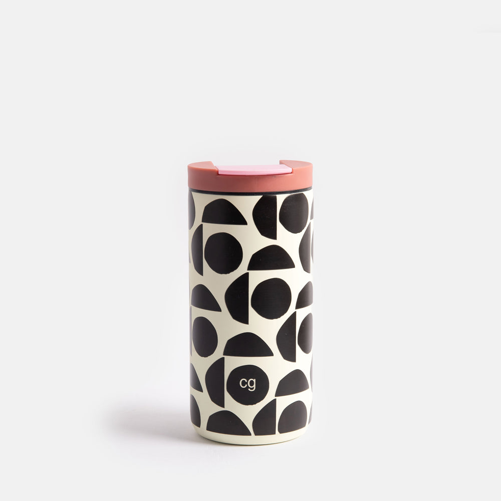 insulated stainless steel travel mug in monochrome abstract geometric shapes design