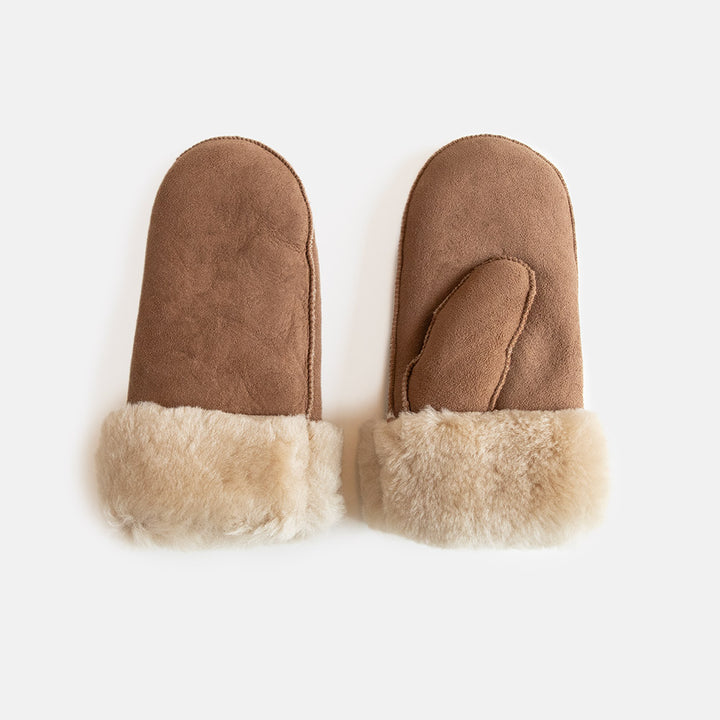brown suede mittens with cream colour lamb shearling lining